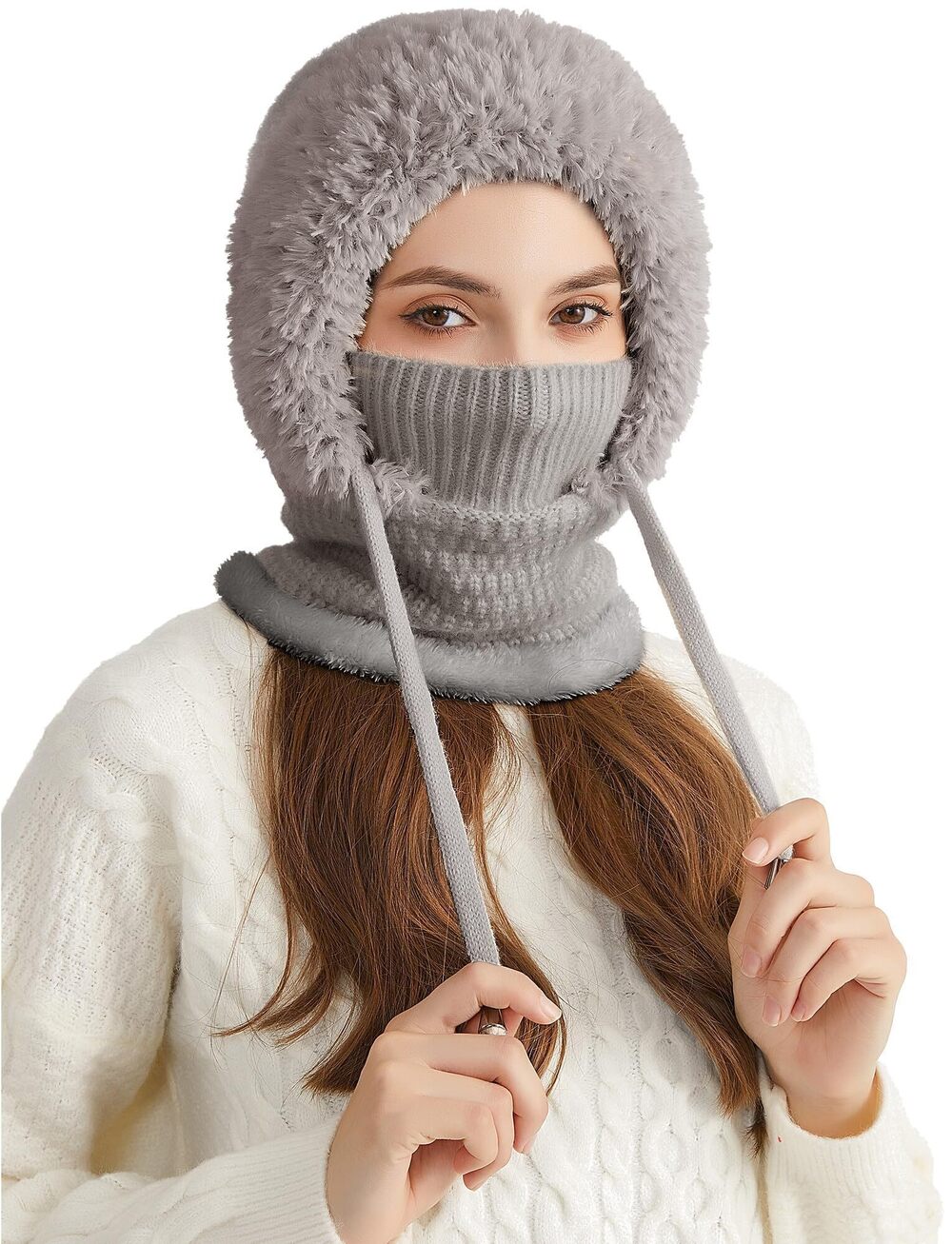 9727 Knit Beanies Hats Ski Mask Balaclava Fleece Hooded Winter Hat Scarf